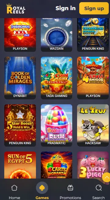 Royal Reels mobile casino in a phone browser showing the games grid and bottom navigation