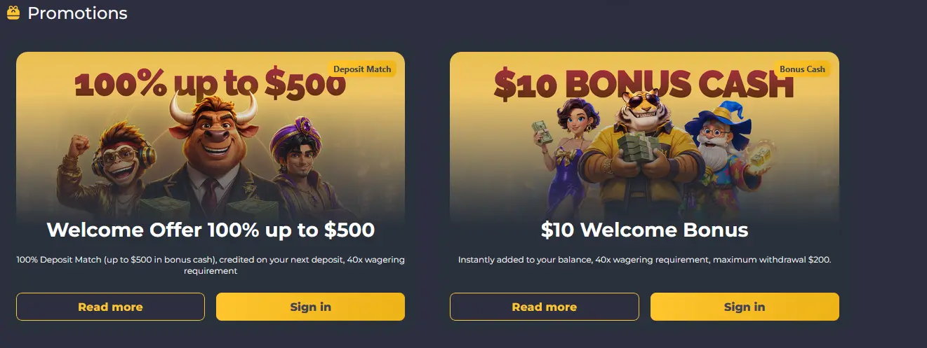 Royal Reels Promotions page with the 100% up to $500 Welcome Offer and the $10 Welcome Bonus