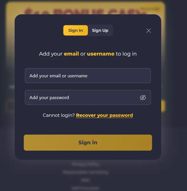 Royal Reels Sign In window with email or username field, password field and Recover your password link