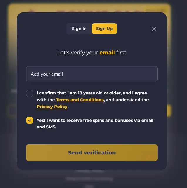 Royal Reels sign-up form asking for an email address, 18+ confirmation and Send verification