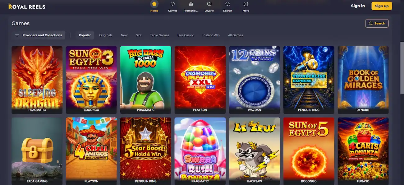 Royal Reels Casino games lobby showing popular pokies from Pragmatic Play, Booongo and Playson