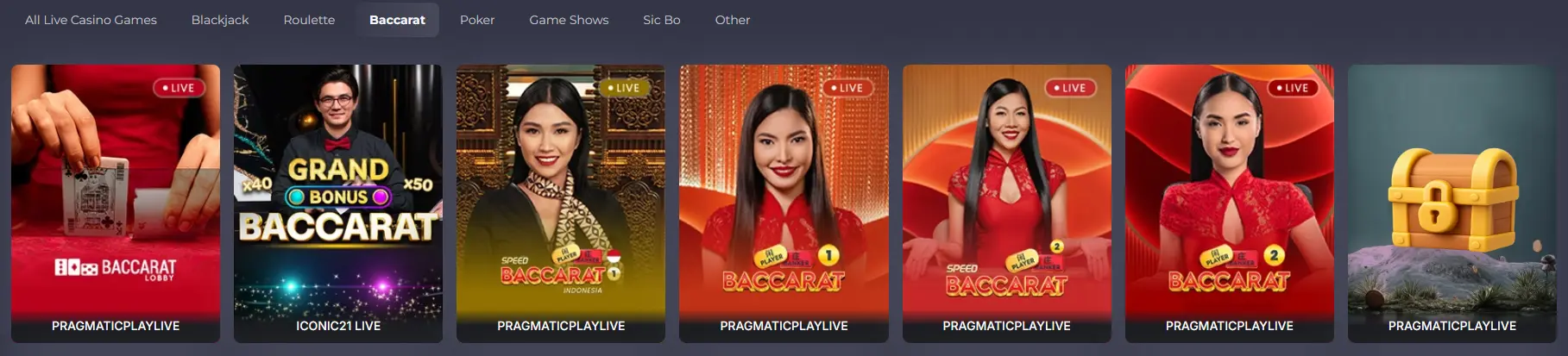 Royal Reels live baccarat tables including Grand Bonus Baccarat and Baccarat Lobby