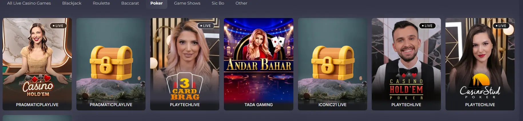 Royal Reels live poker tables with Casino Hold'em, 3 Card Brag and Andar Bahar