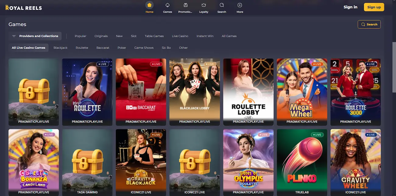 Royal Reels live casino lobby with Mega Roulette, Baccarat Lobby and Blackjack Lobby from Pragmatic Play Live